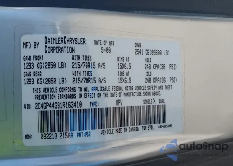 2001 Chrysler Town & Country Lx z USA, uszkodzony, nr VIN 2C4GP44G91R163410